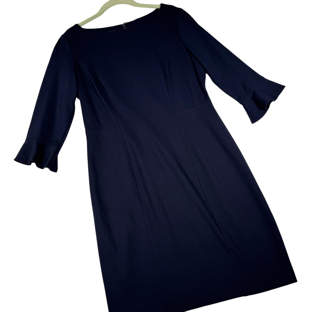 Talbots Sheath Dress Women 6P Navy Blue Ruffle Sleeve Ponte Knit Career Classic